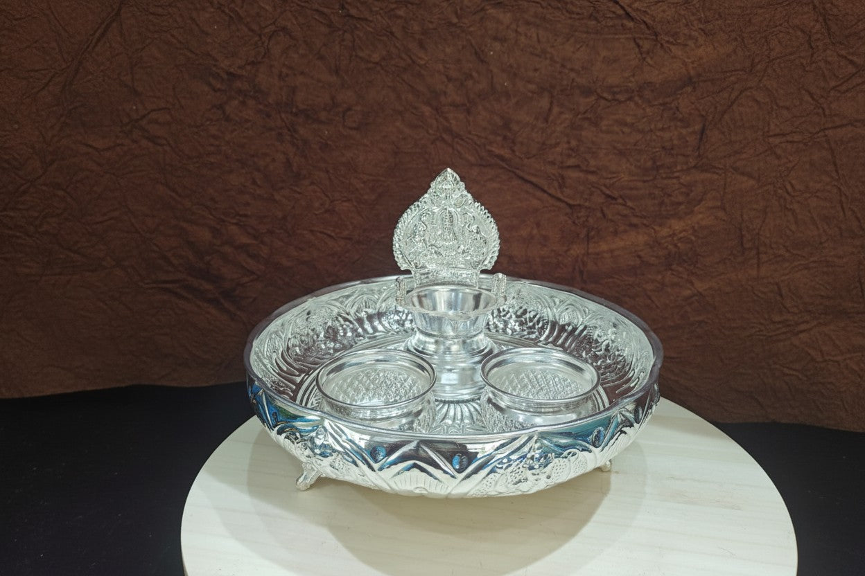 German Silver Tray with Diya and 2 Bowls – Elegant Puja & Home Décor Set
