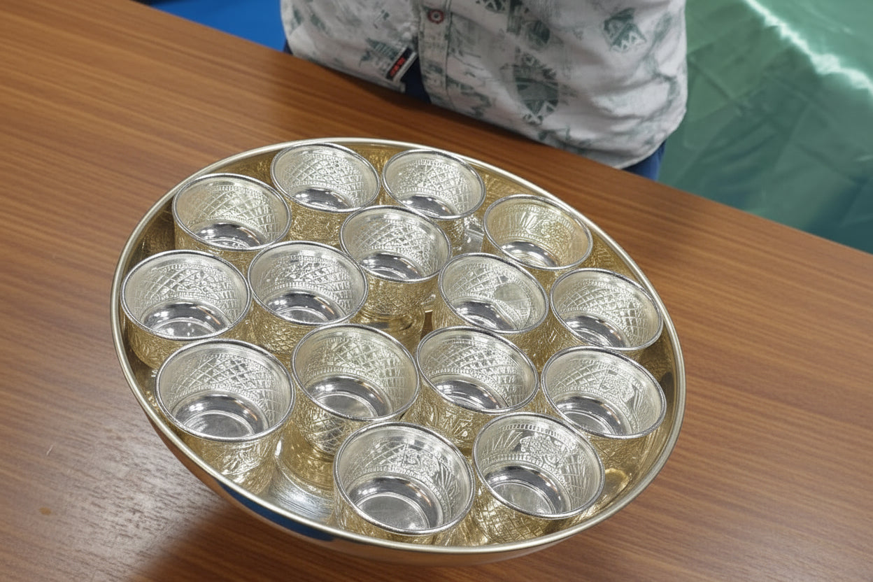 German Silver Plate with 15 Bowls – Complete Puja & Offering Set