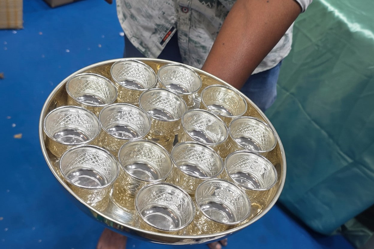 German Silver Plate with 15 Bowls – Complete Puja & Offering Set