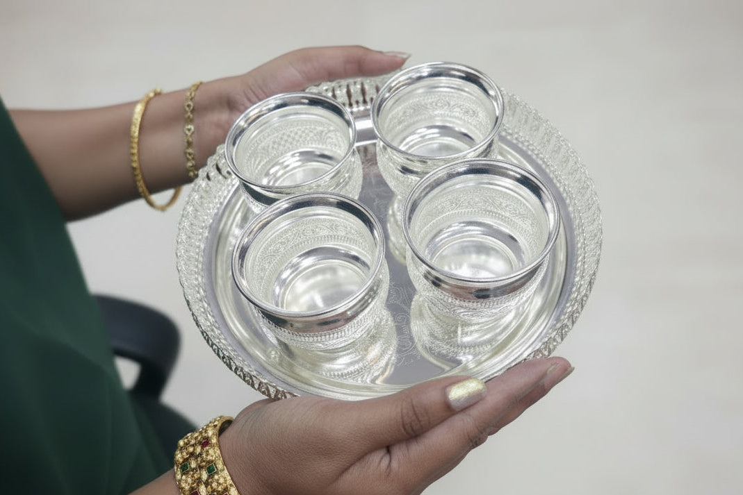 German Silver Tray with 4 Bowls – Elegant Puja & Home Décor Set