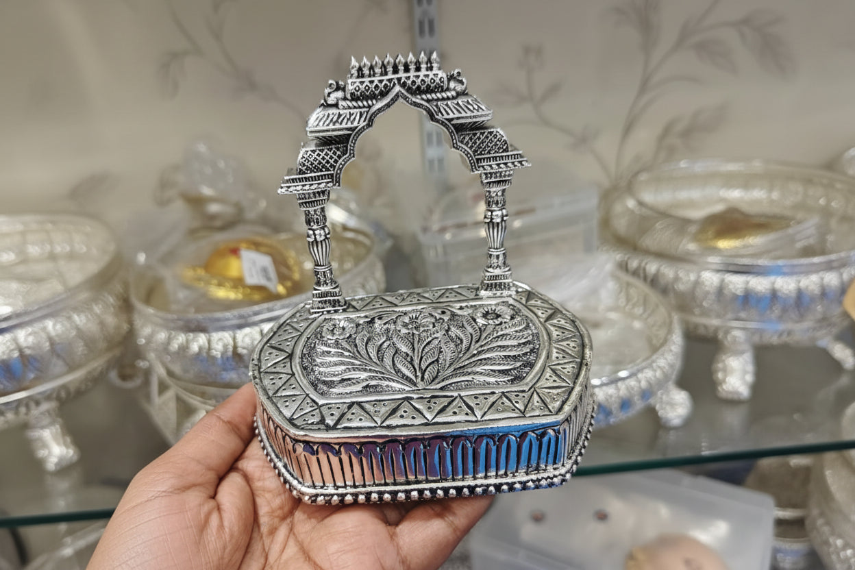 German Silver Antique Finish Singhasan – Regal Throne for Deity Idols