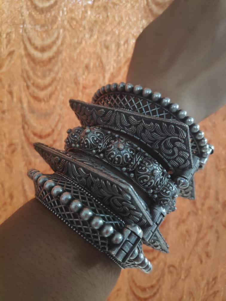 Silver replica 5 piece openable bangles combo for women