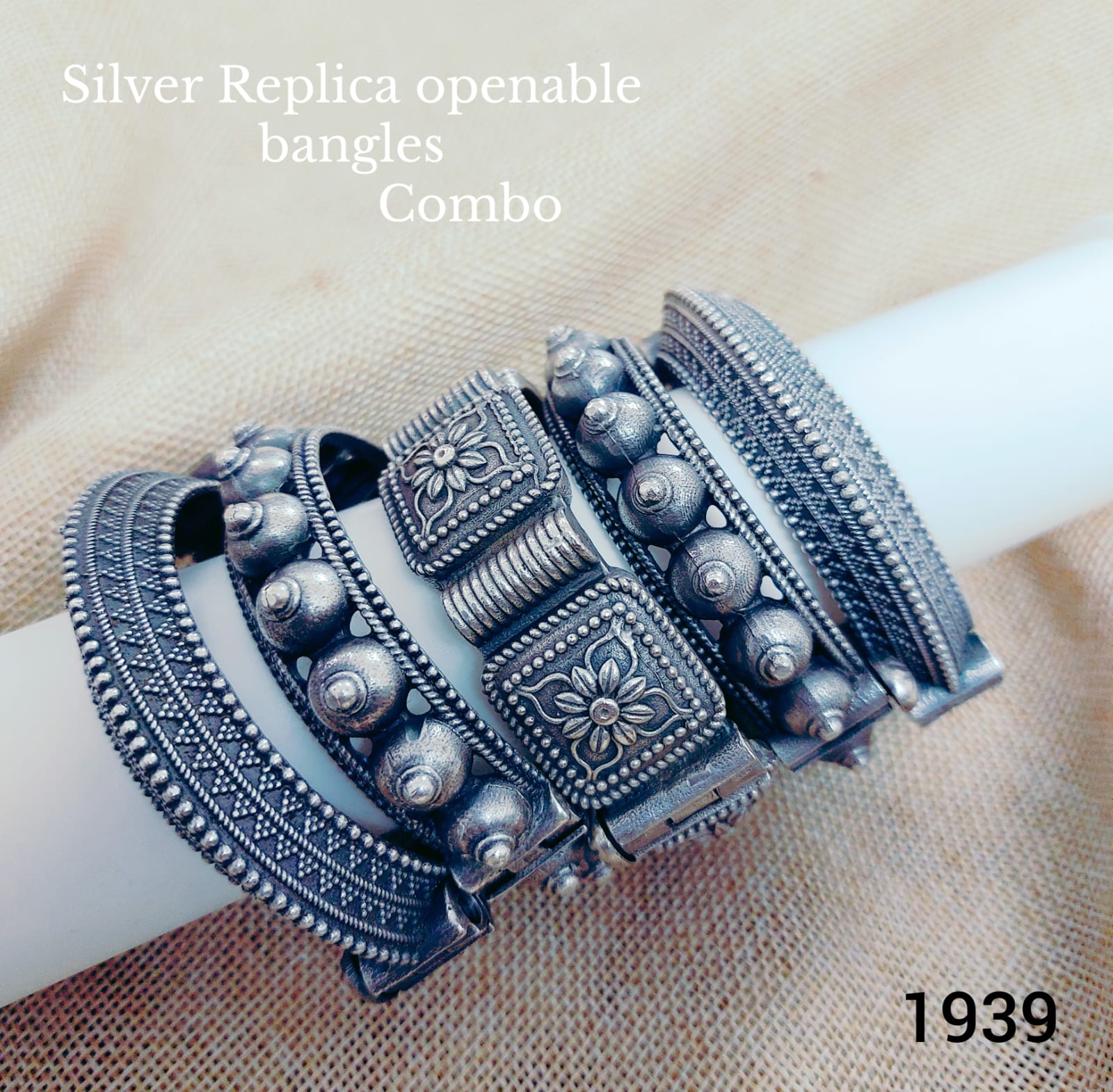 Silver replica german silver 5 piece openable bangles combo for women