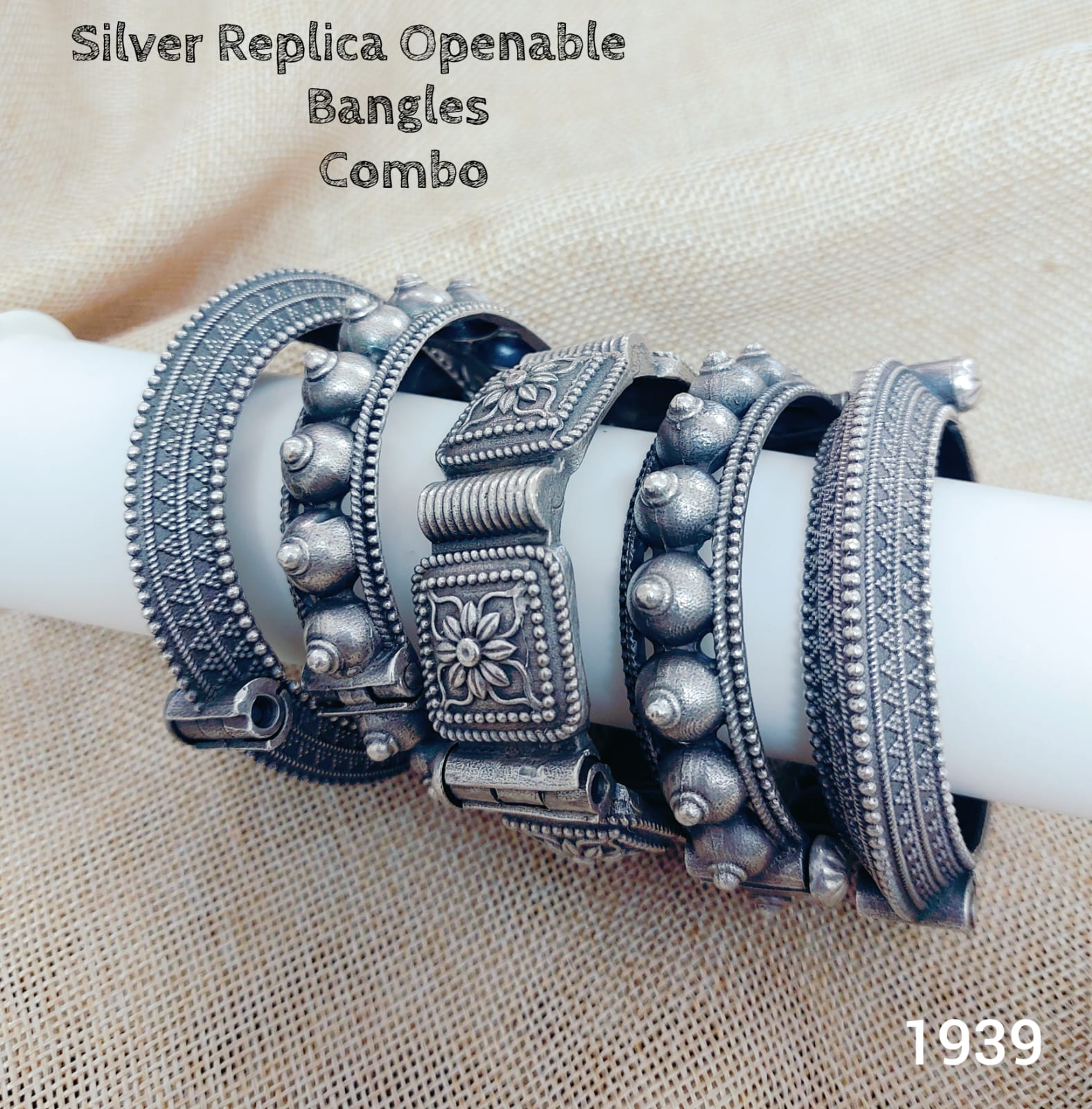 Silver replica german silver 5 piece openable bangles combo for women