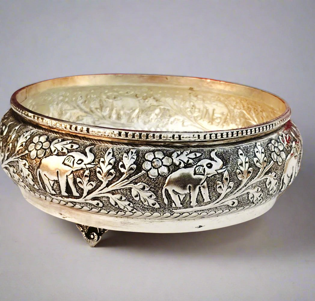 German silver antique finish elephant urli fruit bowl/home decor fully carved,
