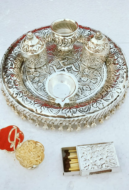 Ghungaru pooja thali set Antique finish German silver Aarti thali