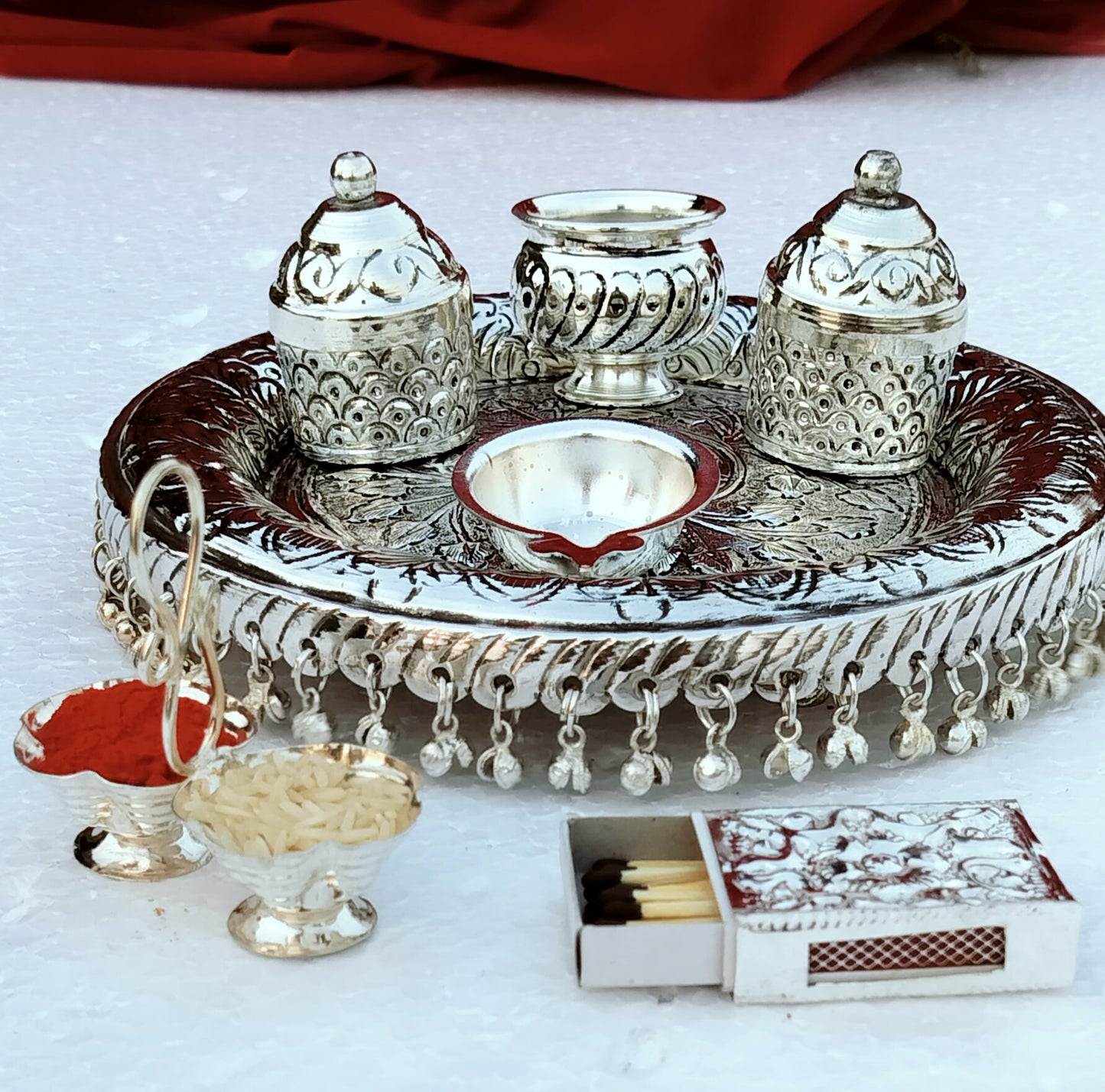 Ghungaru pooja thali set Antique finish German silver Aarti thali