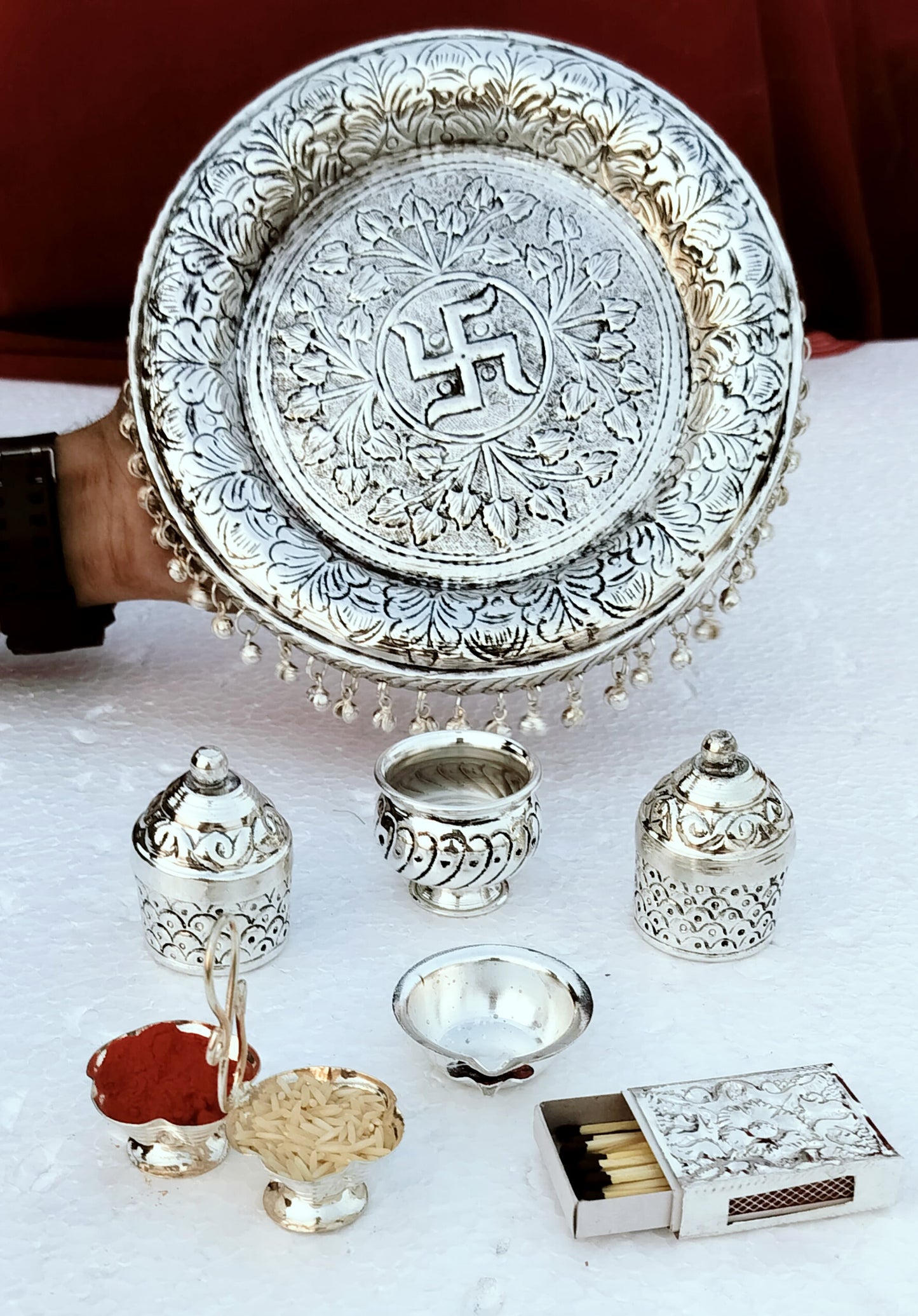 Ghungaru pooja thali set Antique finish German silver Aarti thali