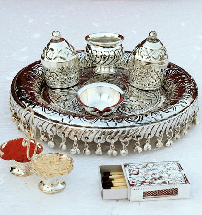 Ghungaru pooja thali set Antique finish German silver Aarti thali