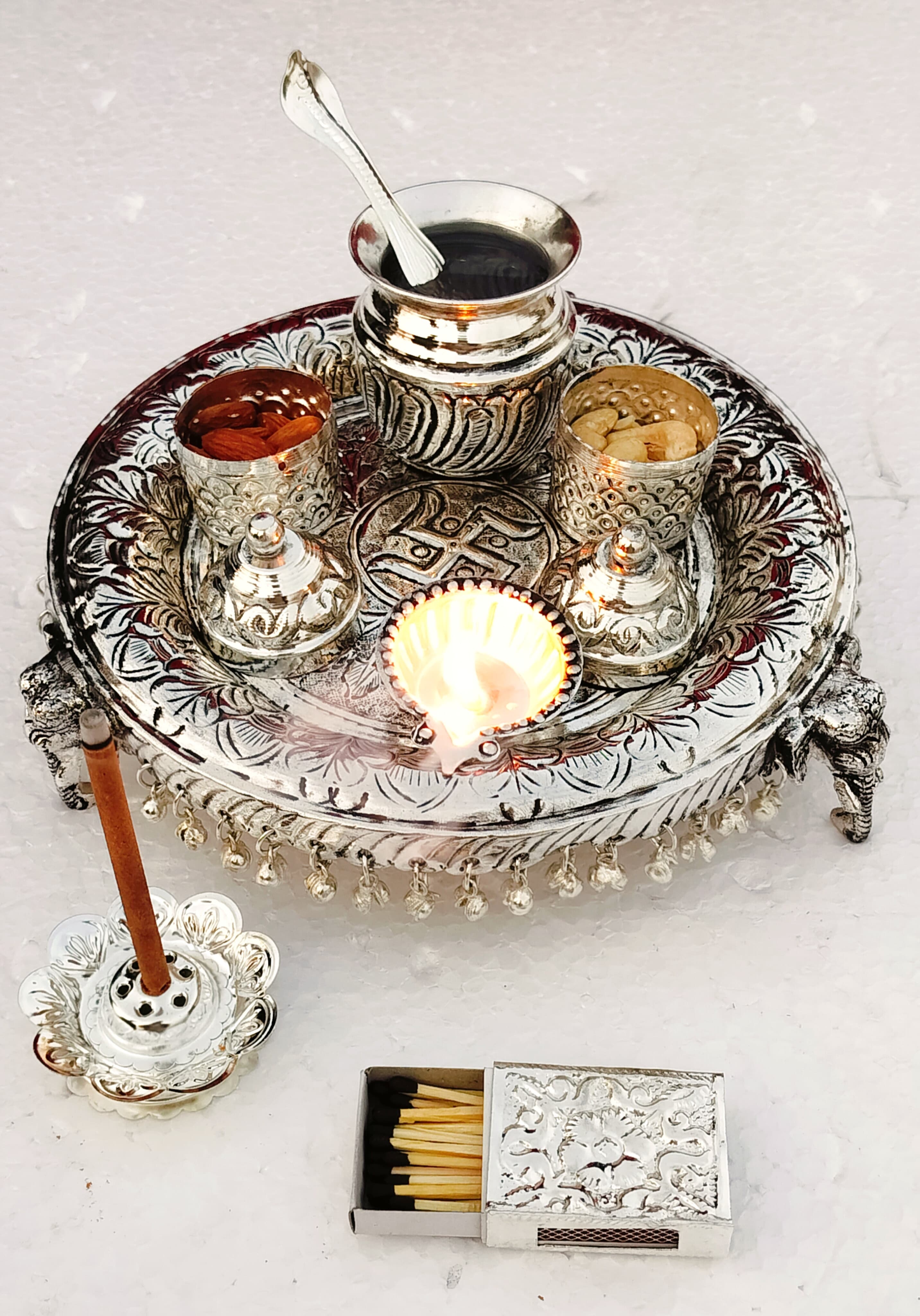 Antique finish German silver Elephant stand aarti thali set