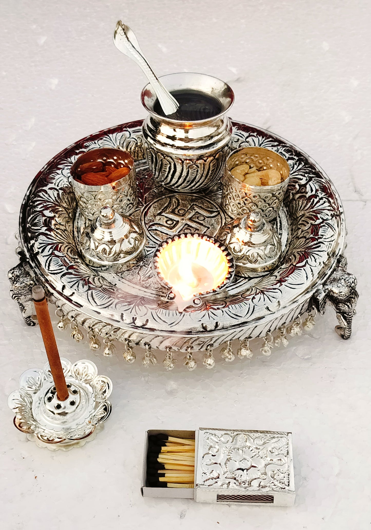 Antique finish German silver Elephant stand aarti thali set for housewarming/ diwali / gift item