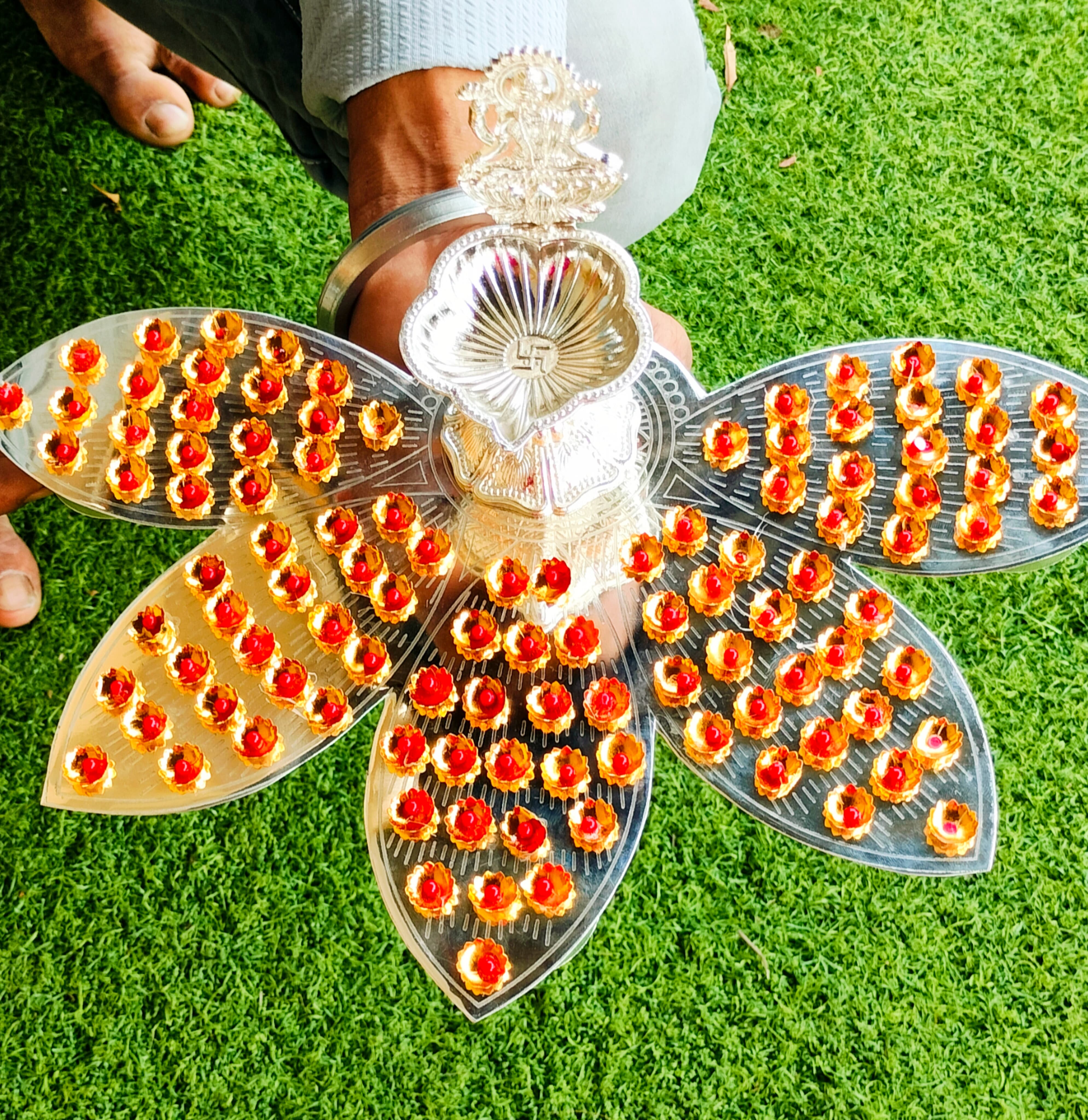 German silver lotus petals Ashtotram stand with 108 Golden red stone flower with lakshmi diya
