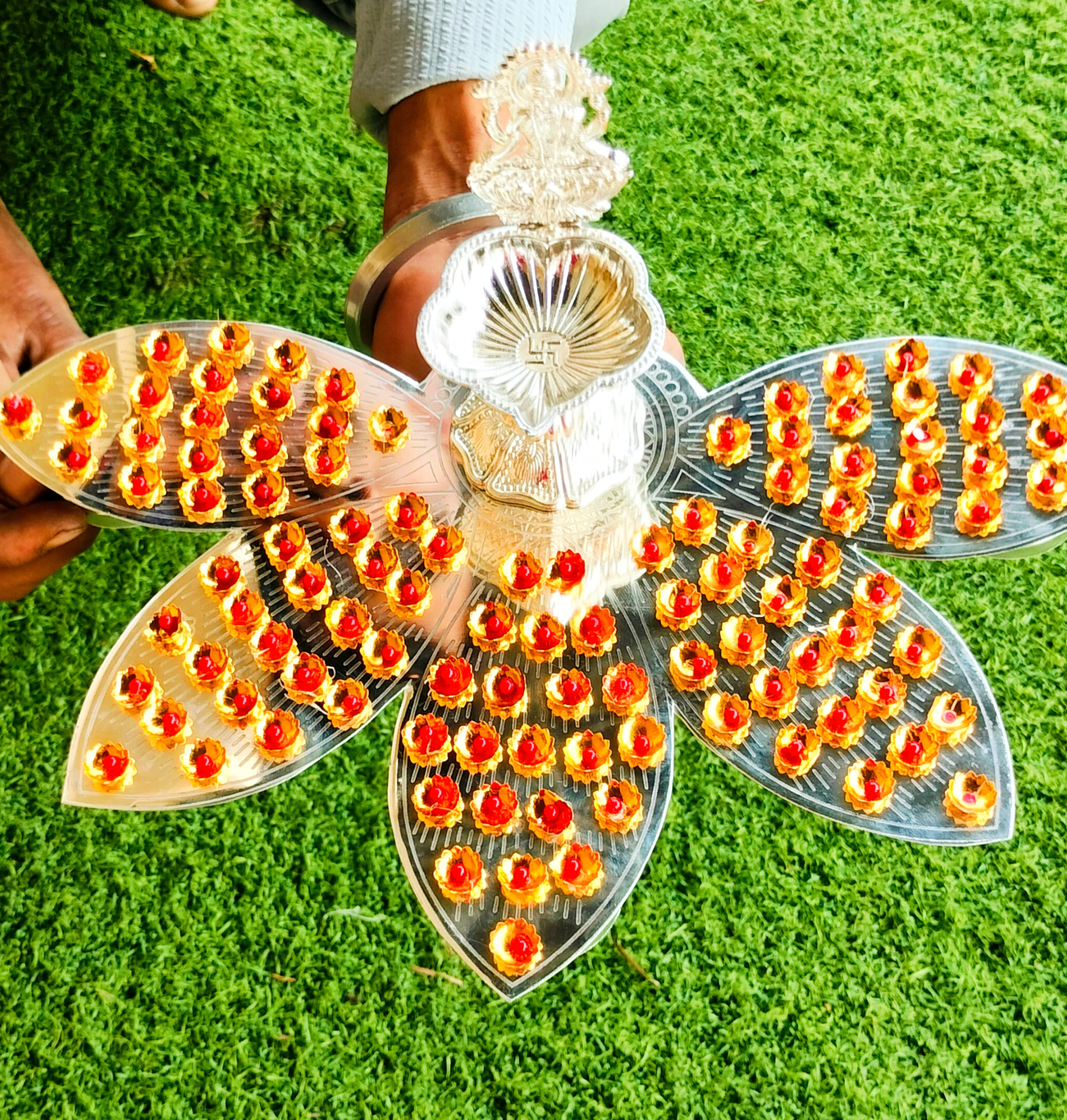 German silver lotus petals Ashtotram stand with 108 Golden red stone flower with lakshmi diya