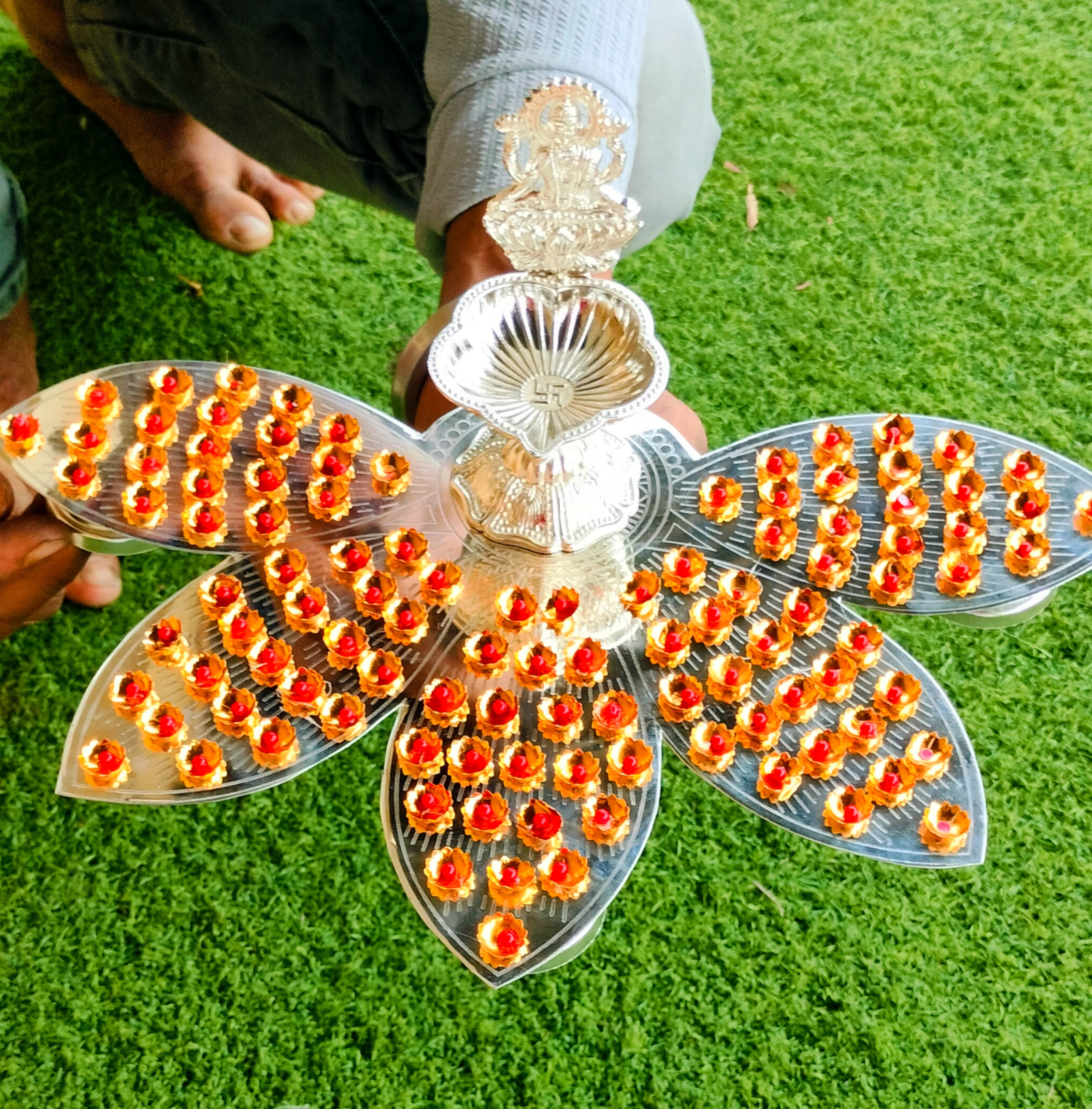 German silver lotus petals Ashtotram stand with 108 Golden red stone flower with lakshmi diya