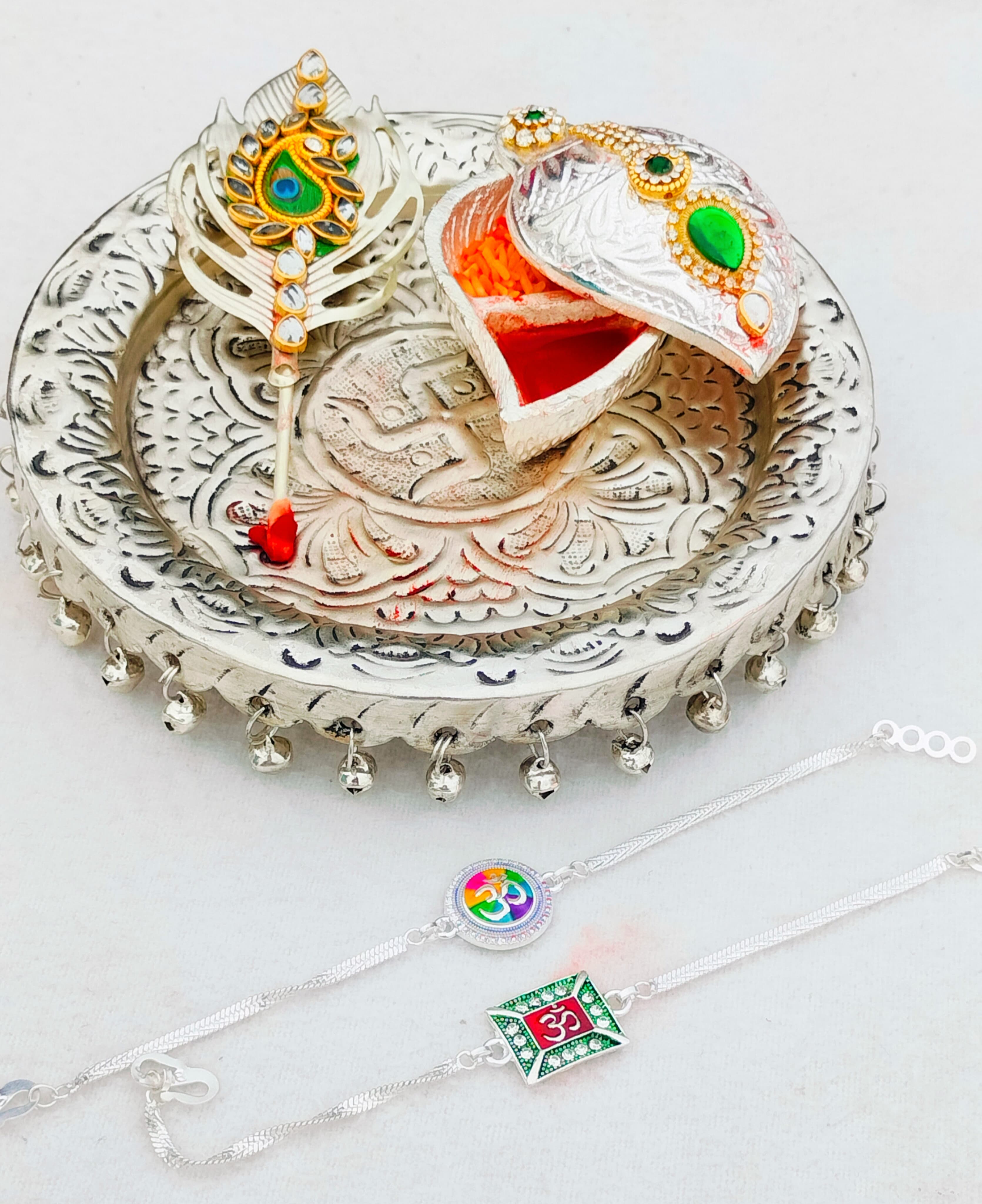 German silver Ghungaru thali with kumkum chopra & tilak stick with 2 pure silver rakhi set