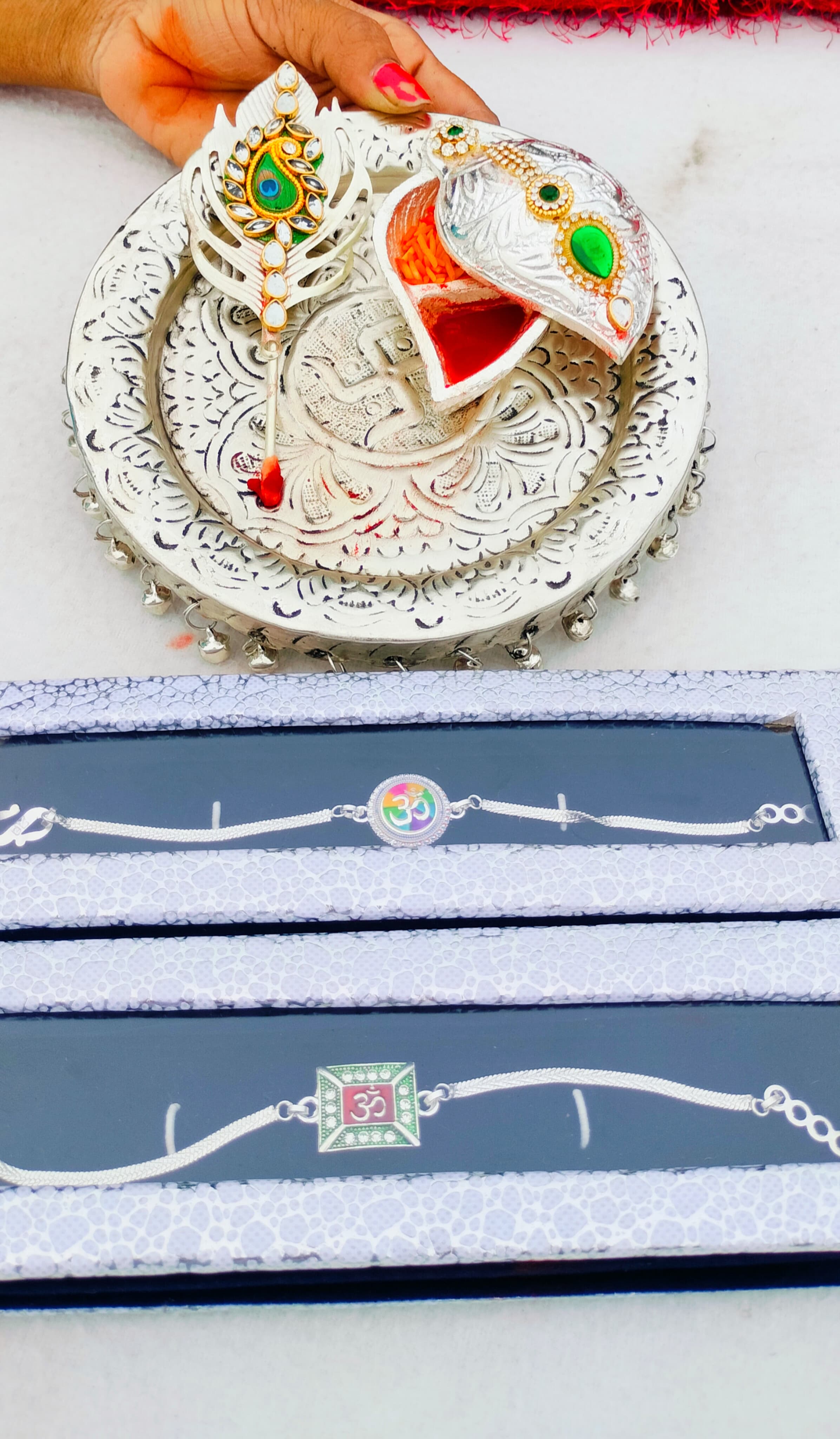 German silver Ghungaru thali with kumkum chopra & tilak stick with 2 pure silver rakhi set