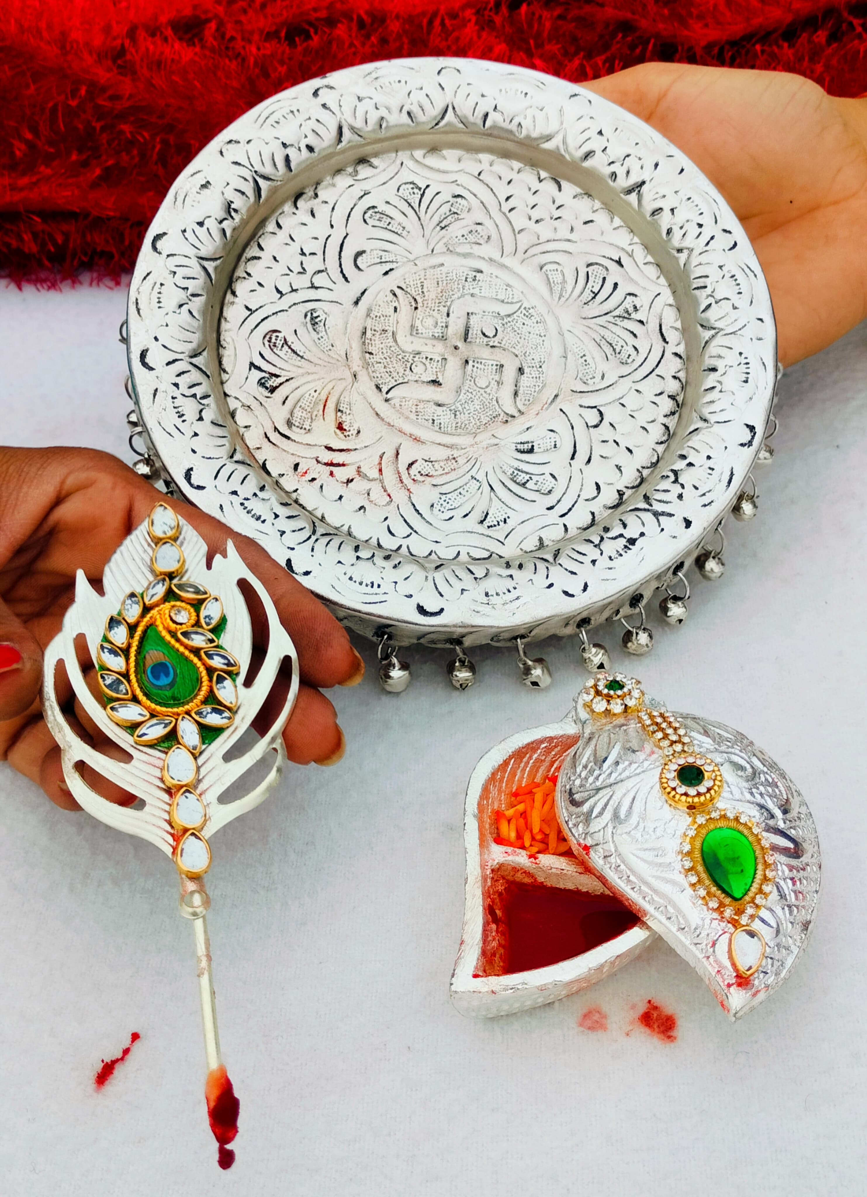 German silver Ghungaru thali with kumkum chopra & tilak stick with 2 pure silver rakhi set