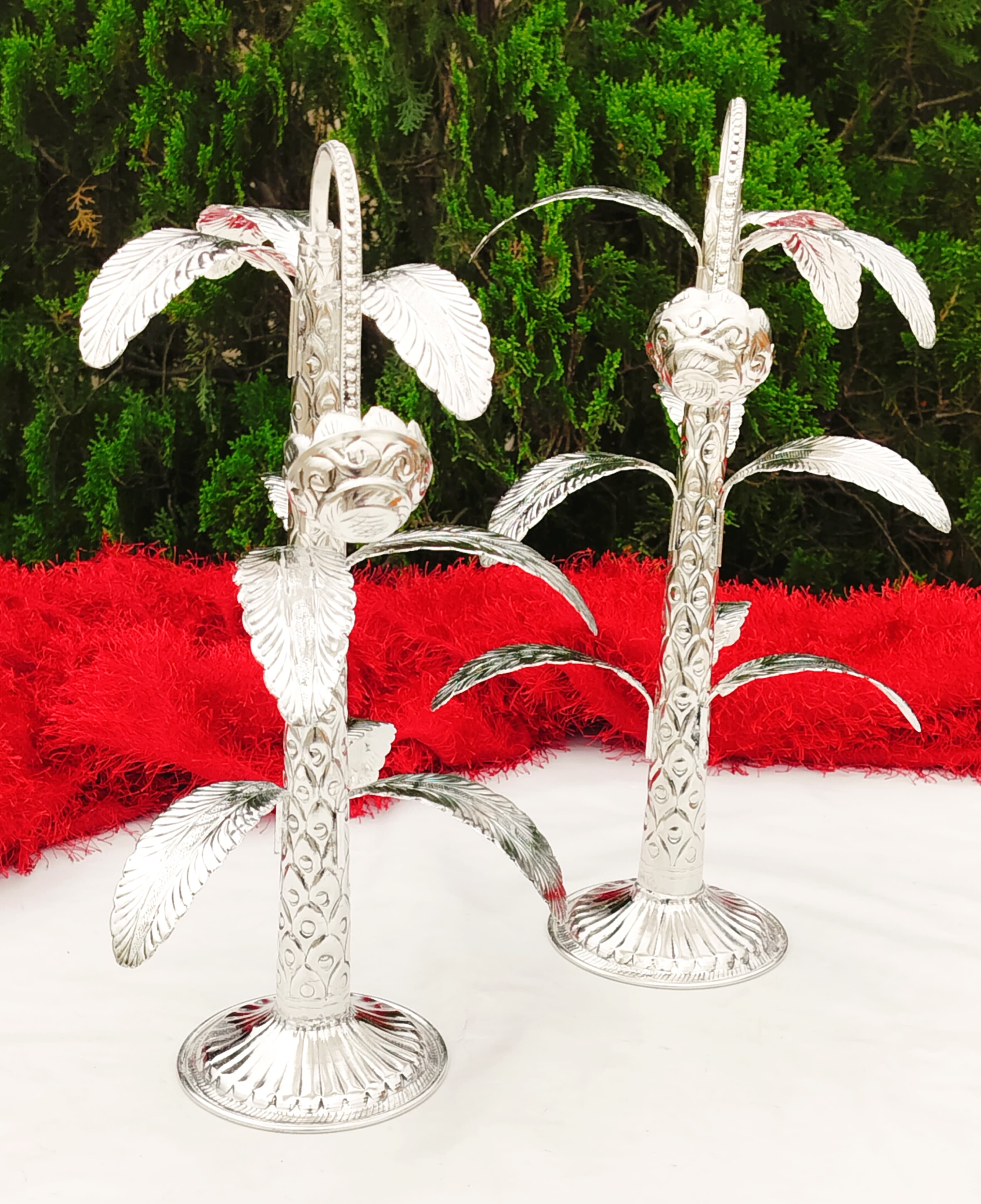German silver BANANA TREE pair with detachable leaf for housewarming pooja