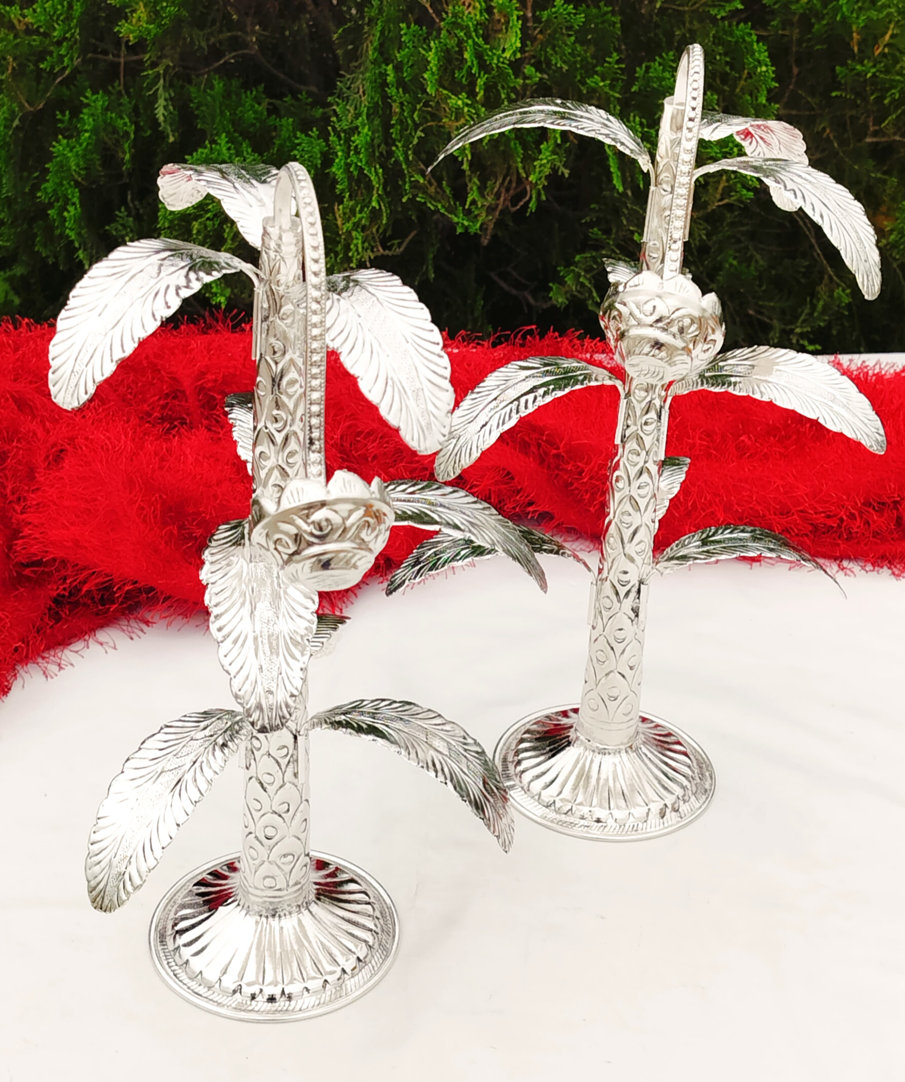 German silver BANANA TREE pair with detachable leaf for housewarming pooja