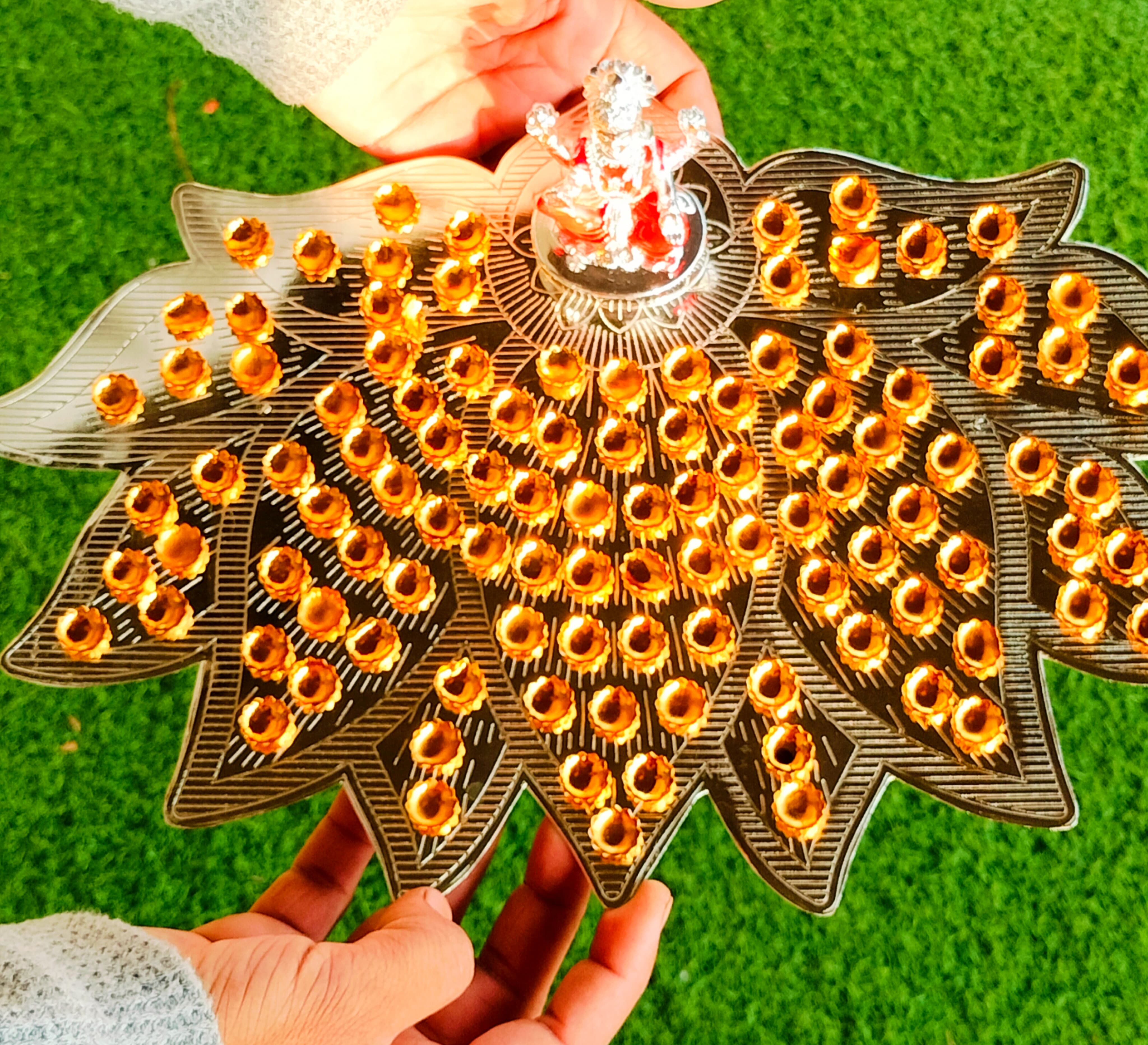 German silver lotus Ashtotram stand with 108 gold flower and lakshmi idol