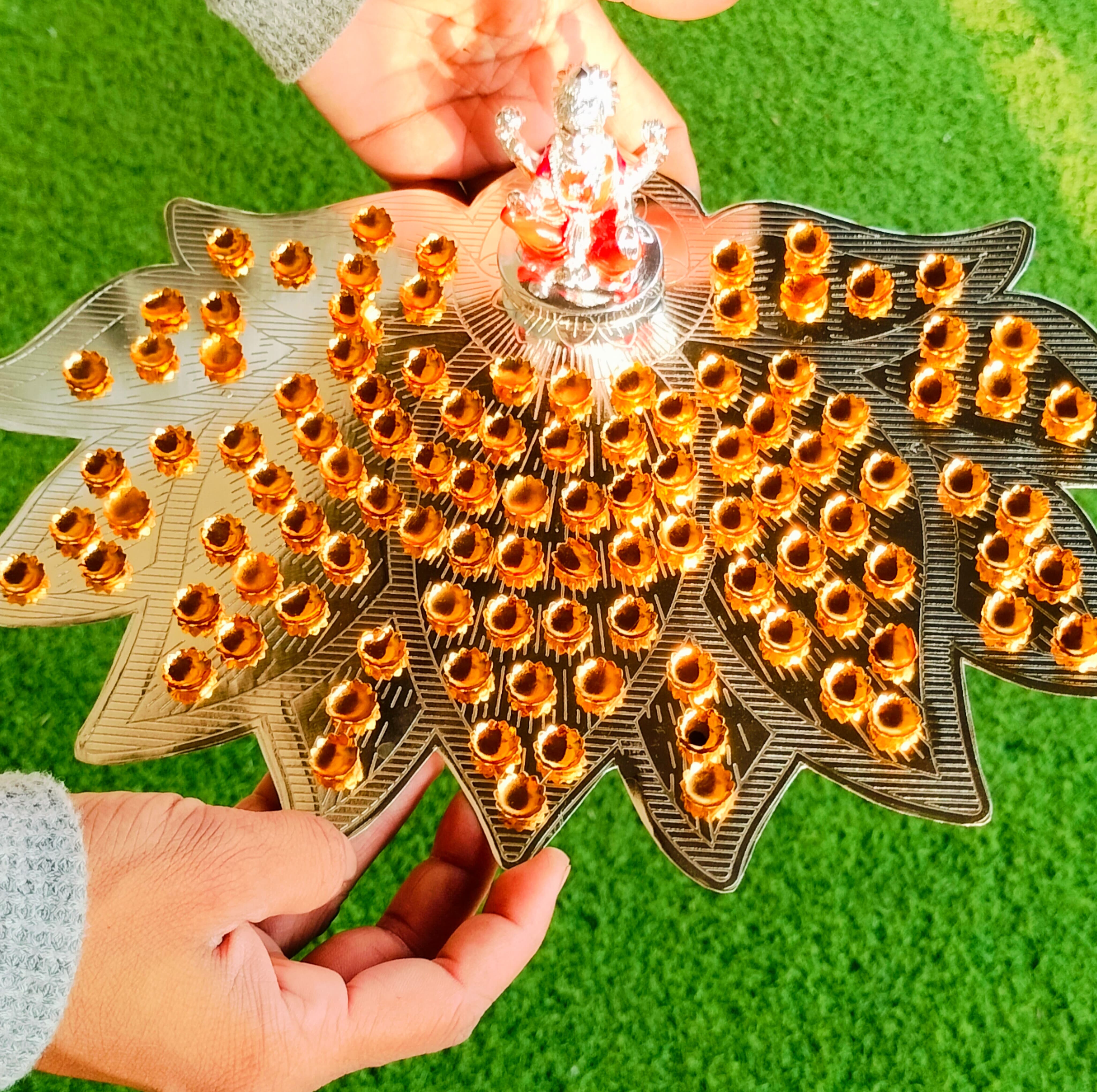 German silver lotus Ashtotram stand with 108 gold flower and lakshmi idol