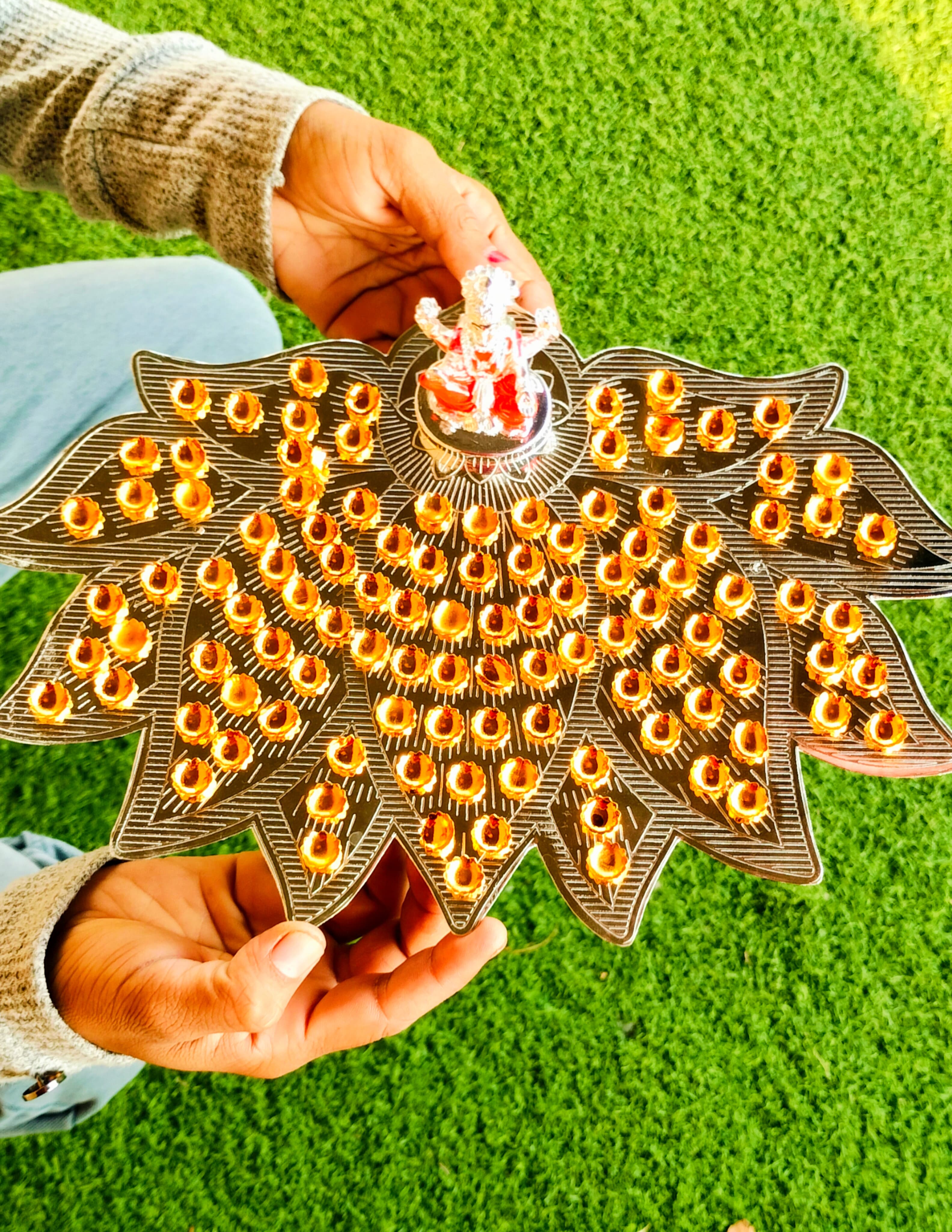 German silver lotus Ashtotram stand with 108 gold flower and lakshmi idol