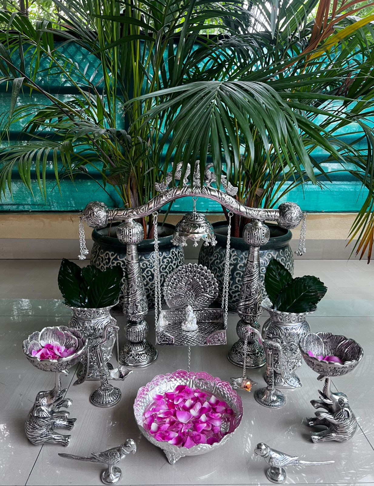german silver full janmashtami décor with laddu gopal jhula
