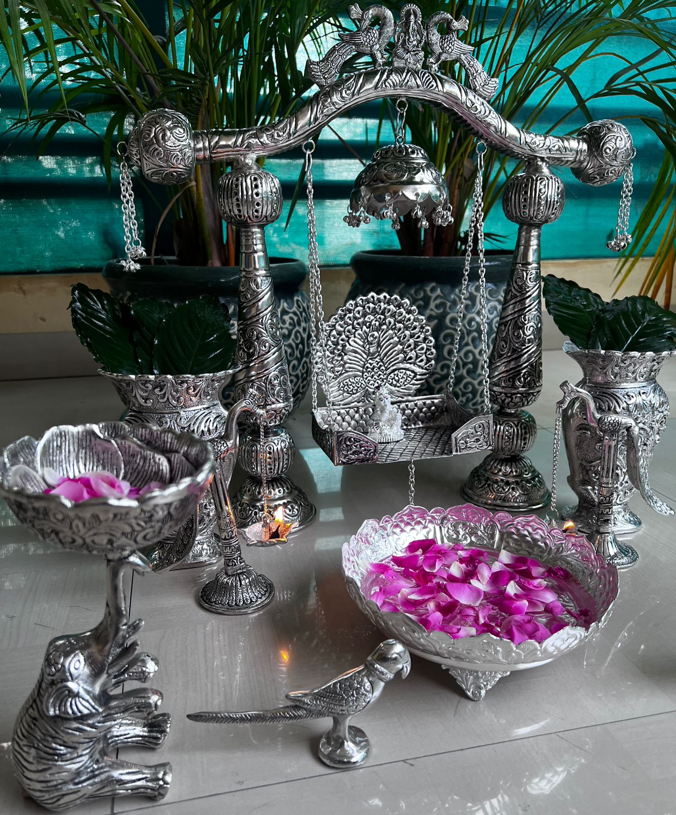 german silver full janmashtami décor with laddu gopal jhula