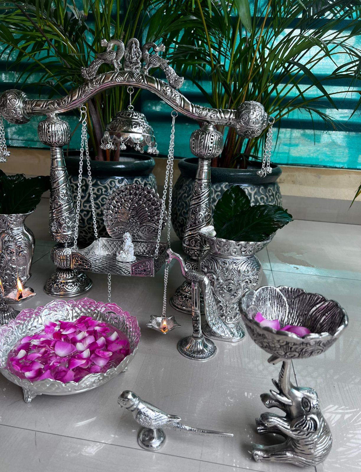 german silver full janmashtami décor with laddu gopal jhula