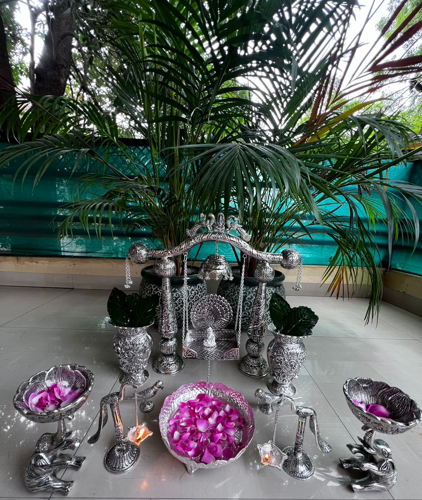 german silver full janmashtami décor with laddu gopal jhula