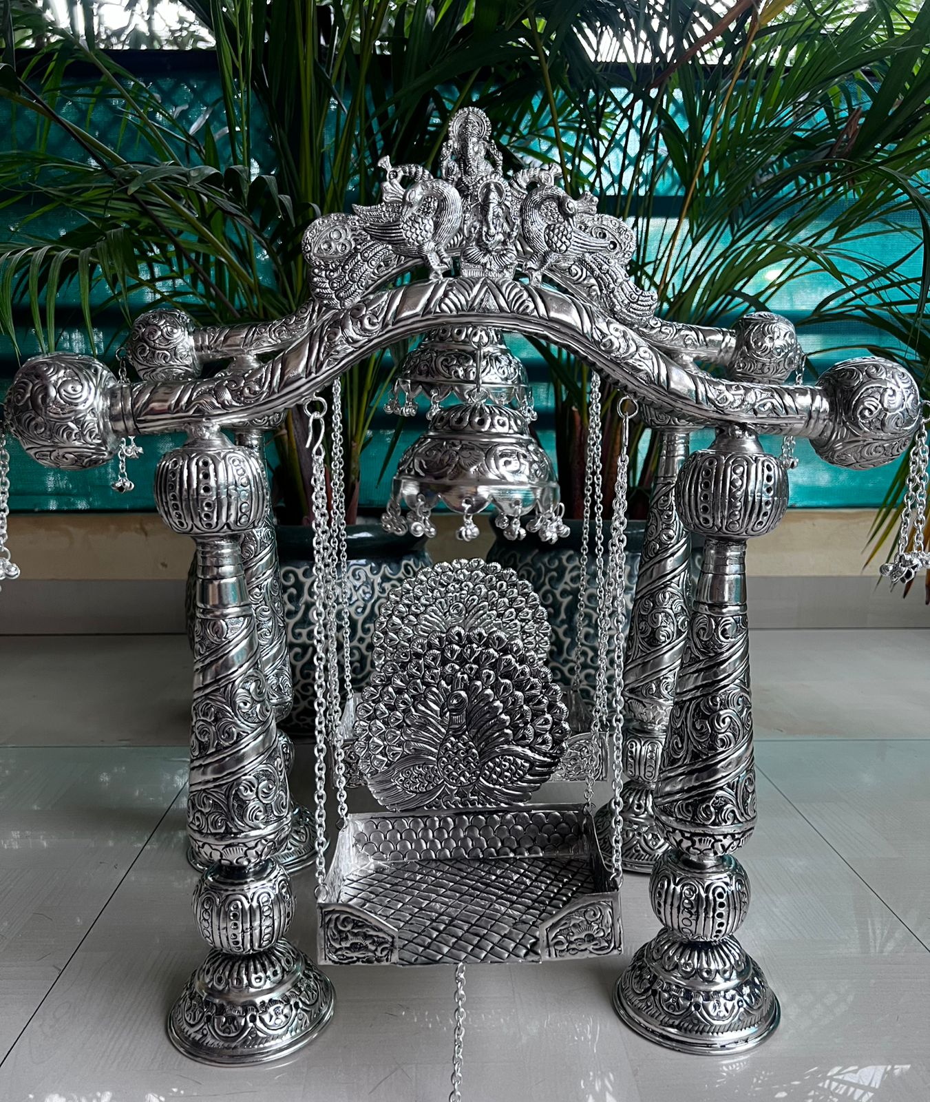 german silver Krishna Janmashtami jhula with chhatar