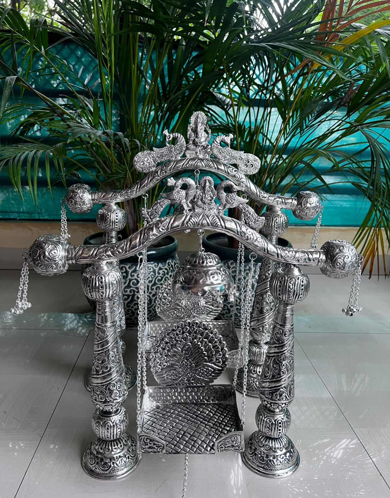 german silver Krishna Janmashtami jhula with chhatar