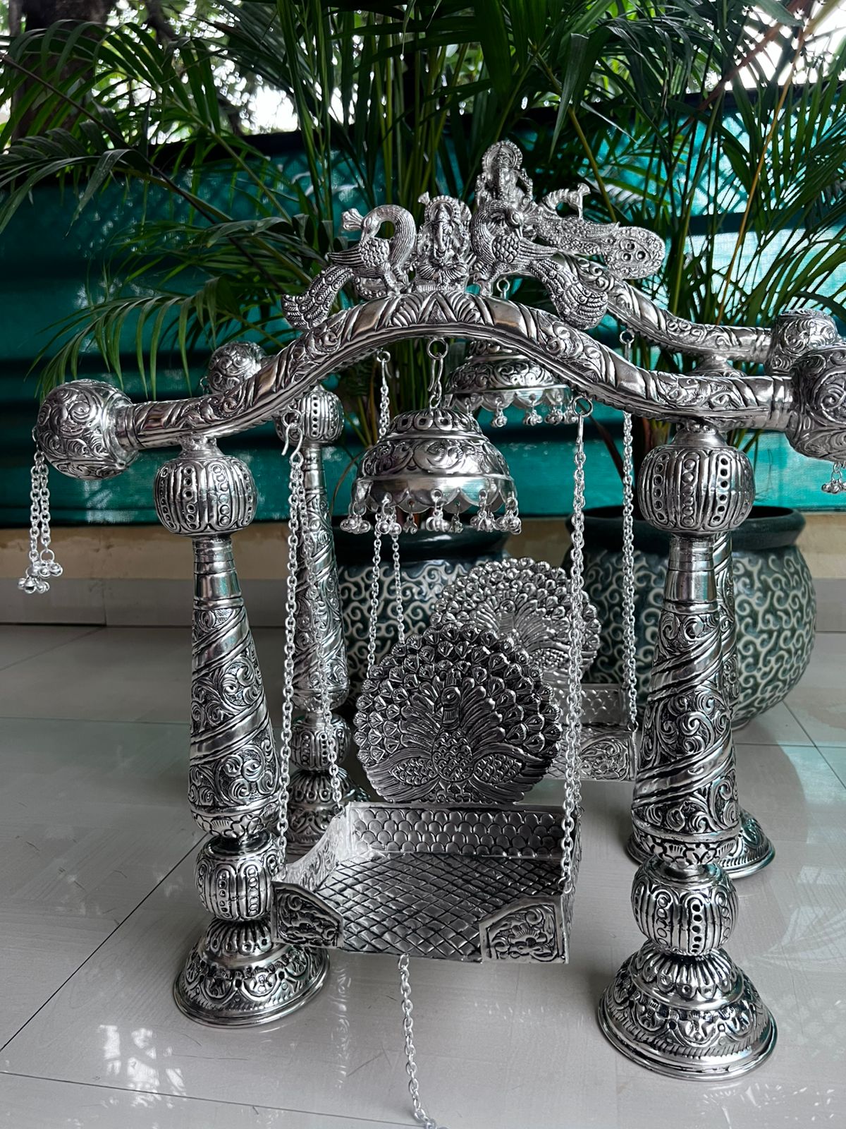 german silver Krishna Janmashtami jhula with chhatar
