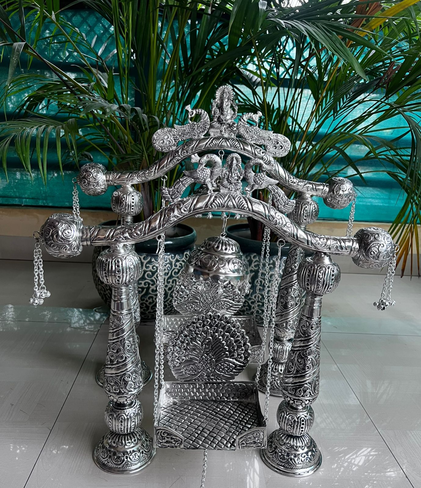 german silver Krishna Janmashtami jhula with chhatar