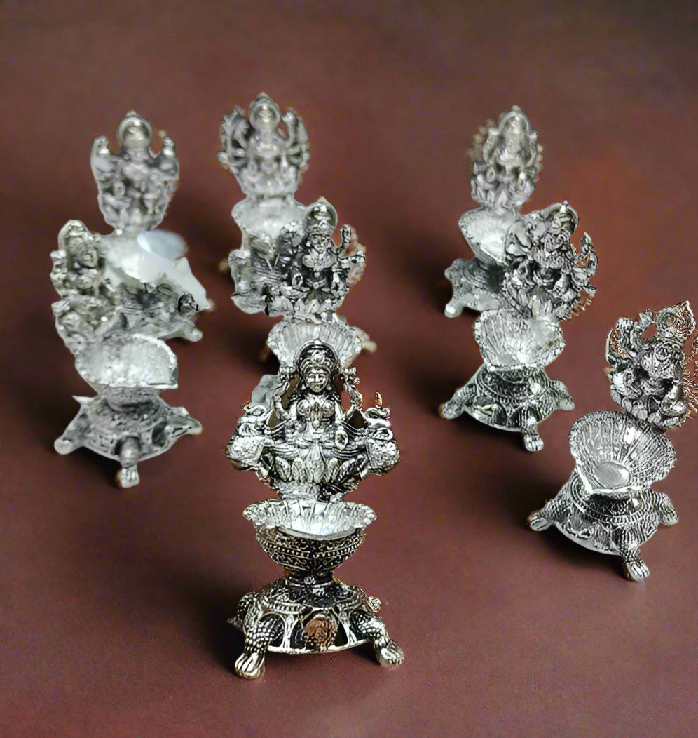 german silver antique finish ashtha lakshmi diya set of 8 pieces for diwali/ housewarming
