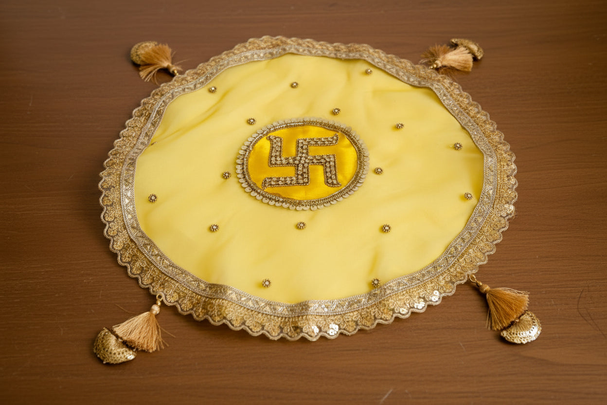 Round Thal Cover – 20 Inch Diameter, Diamonte Work with Premium Laces & Intricate Motifs for Festive Pooja Décor, yellow