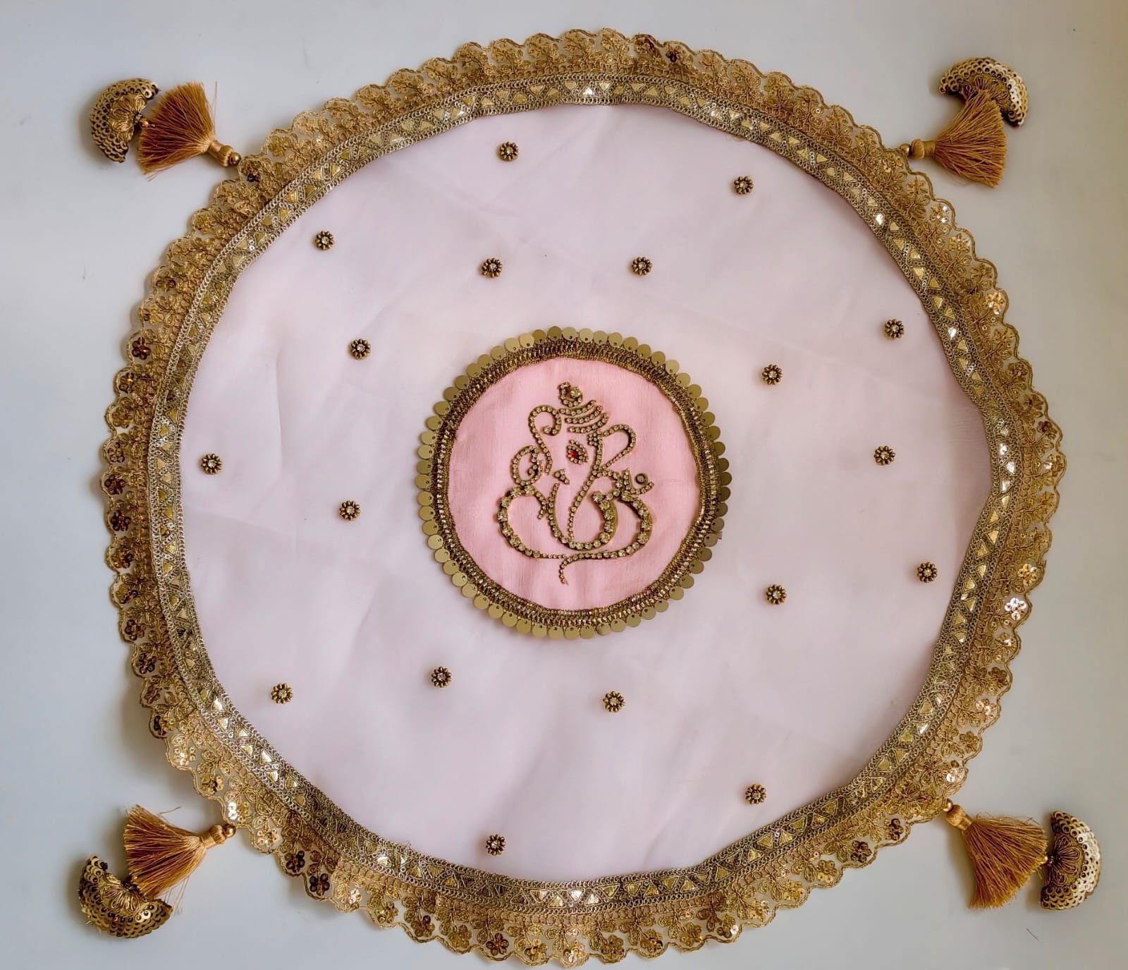 Round ganesha Thal Cover – 20 Inch Diameter, Diamonte Work with Premium Laces & Intricate Motifs for Festive Pooja Decor