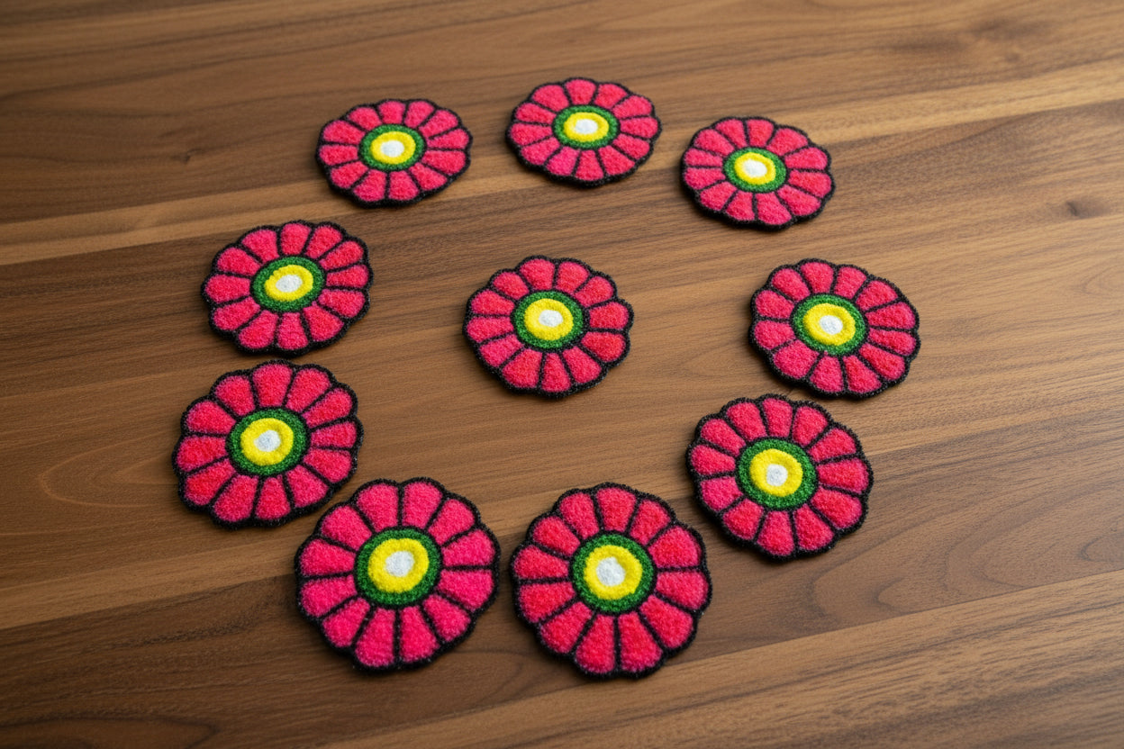 Set of 8 Round Flower Mats – Decorative Floor Mats for Stairs, Entrances, Hallways & Pooja Areas