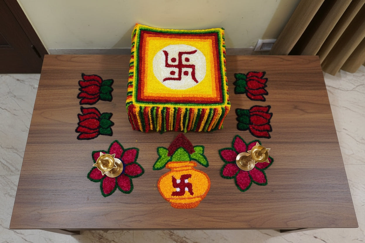 Set of 8 Decorative Mats – Different Designs for Pooja, Festive Setups & Home Décor, multicolor