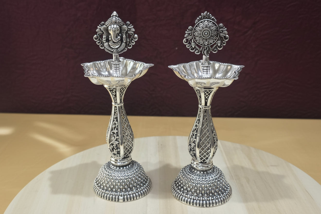 German Silver Antique Finish Shanku Chakra Diya