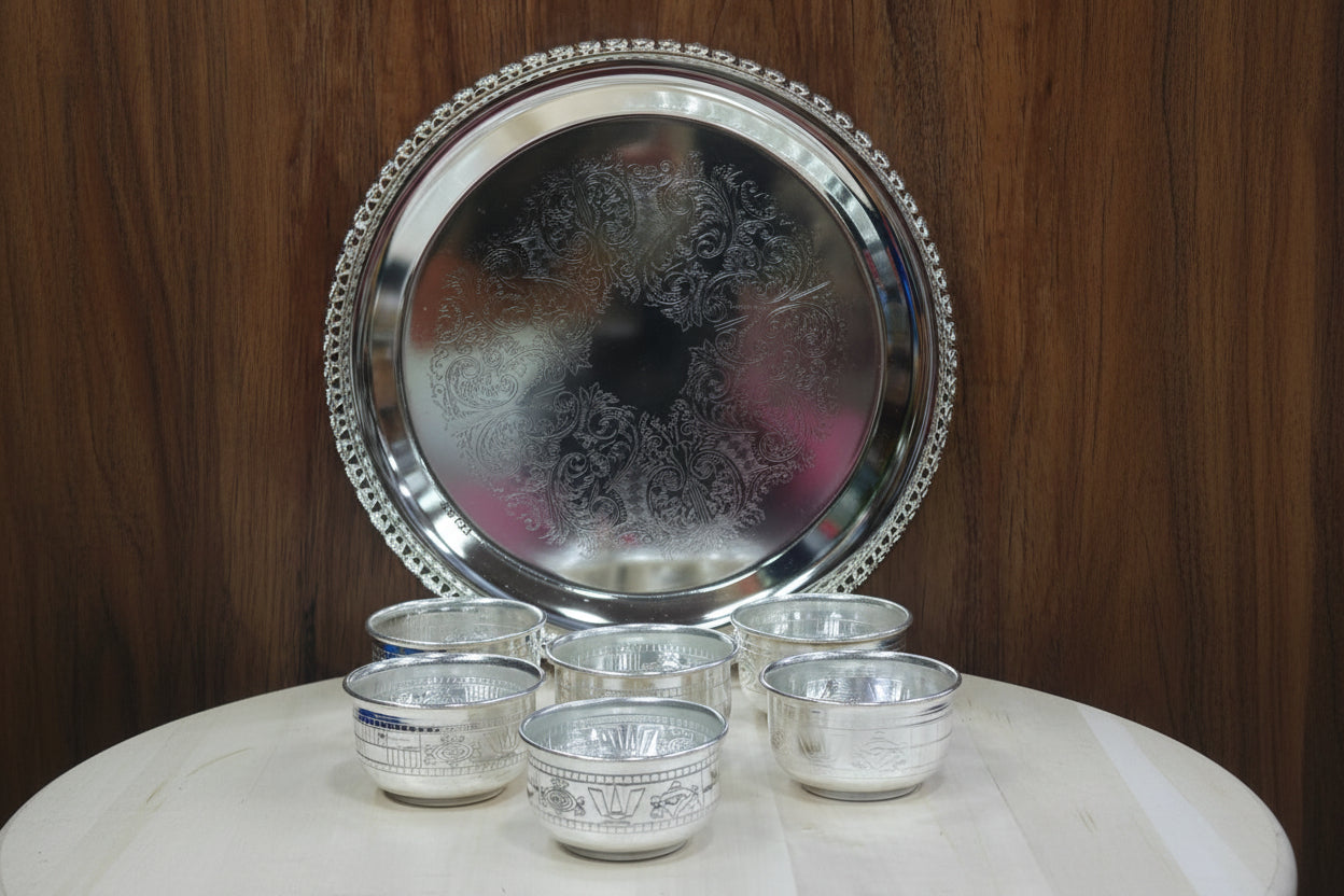 German Silver Lotus Tray with 6 Bowls Set – Handcrafted Antique Finish Pooja, Serving & Gift Décor
