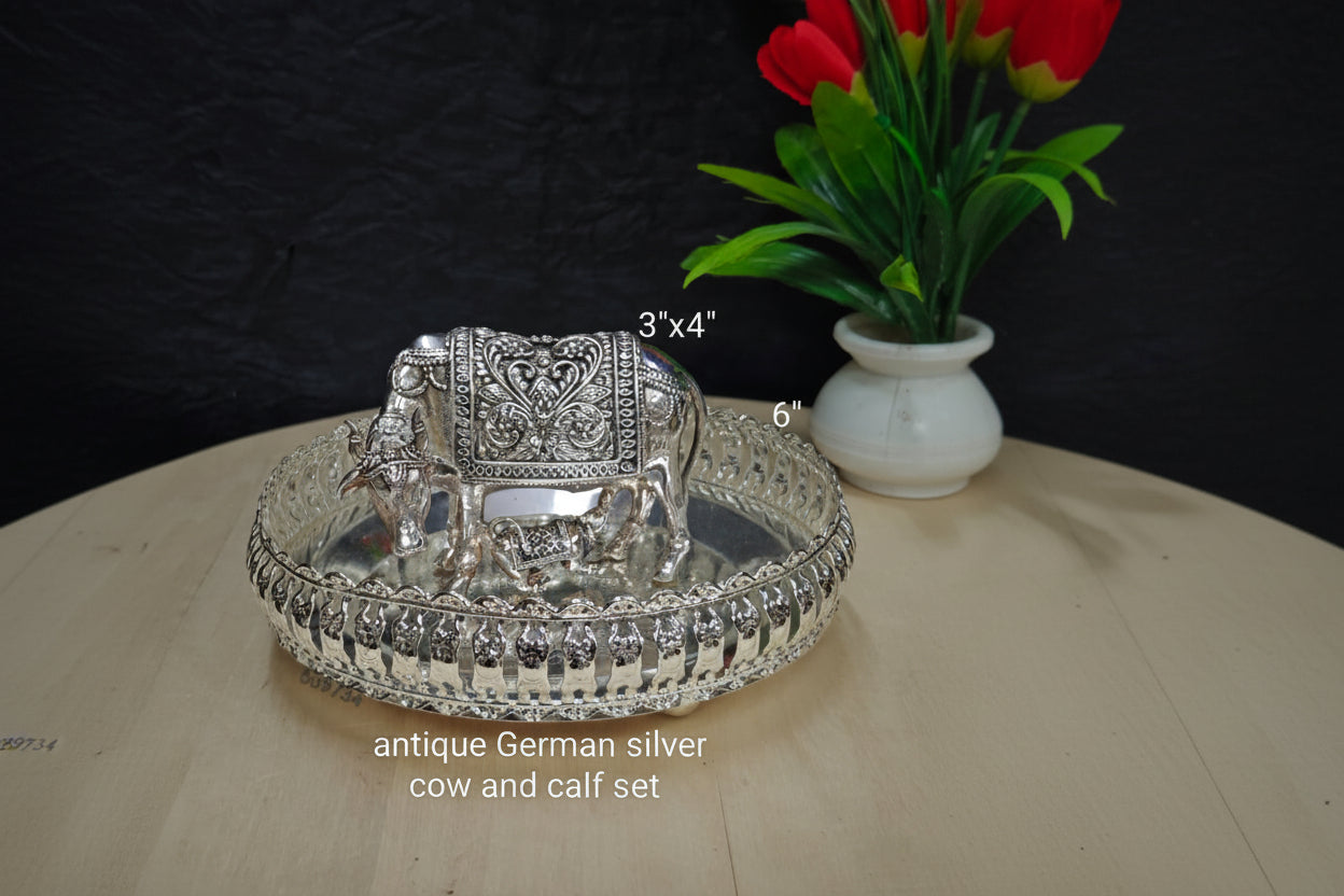 German Silver Tray with Cow & Calf Statue