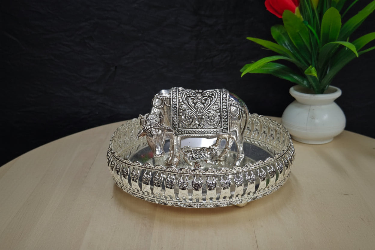 German Silver Tray with Cow & Calf Statue