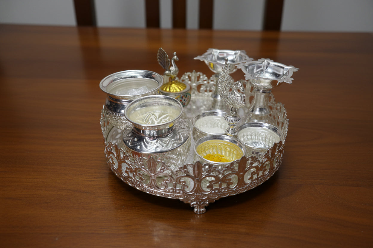 German Silver Pooja Thali Set – 7 Pieces for housewarming pooja