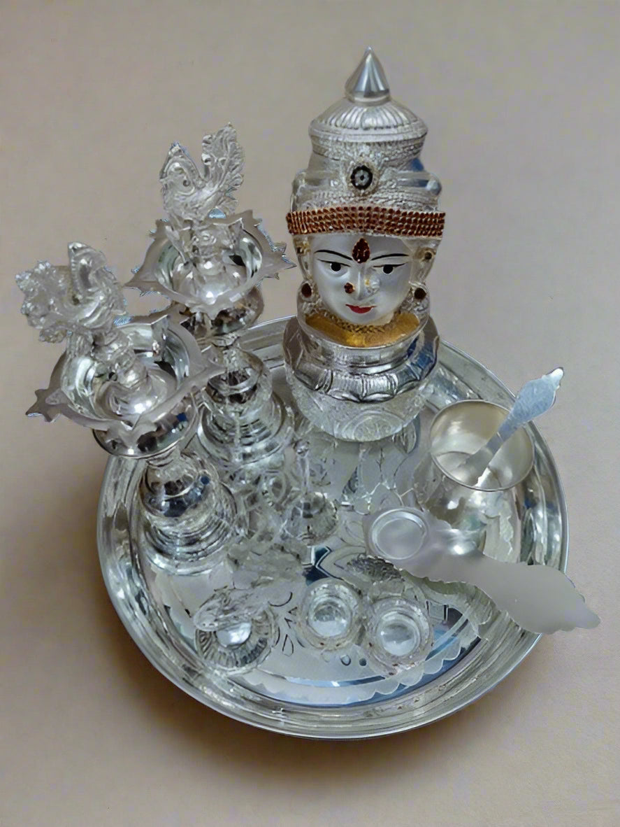 German Silver Pooja thali Set of 10 Pieces for Housewarming Pooja/Diwali Pooja/Rakhi