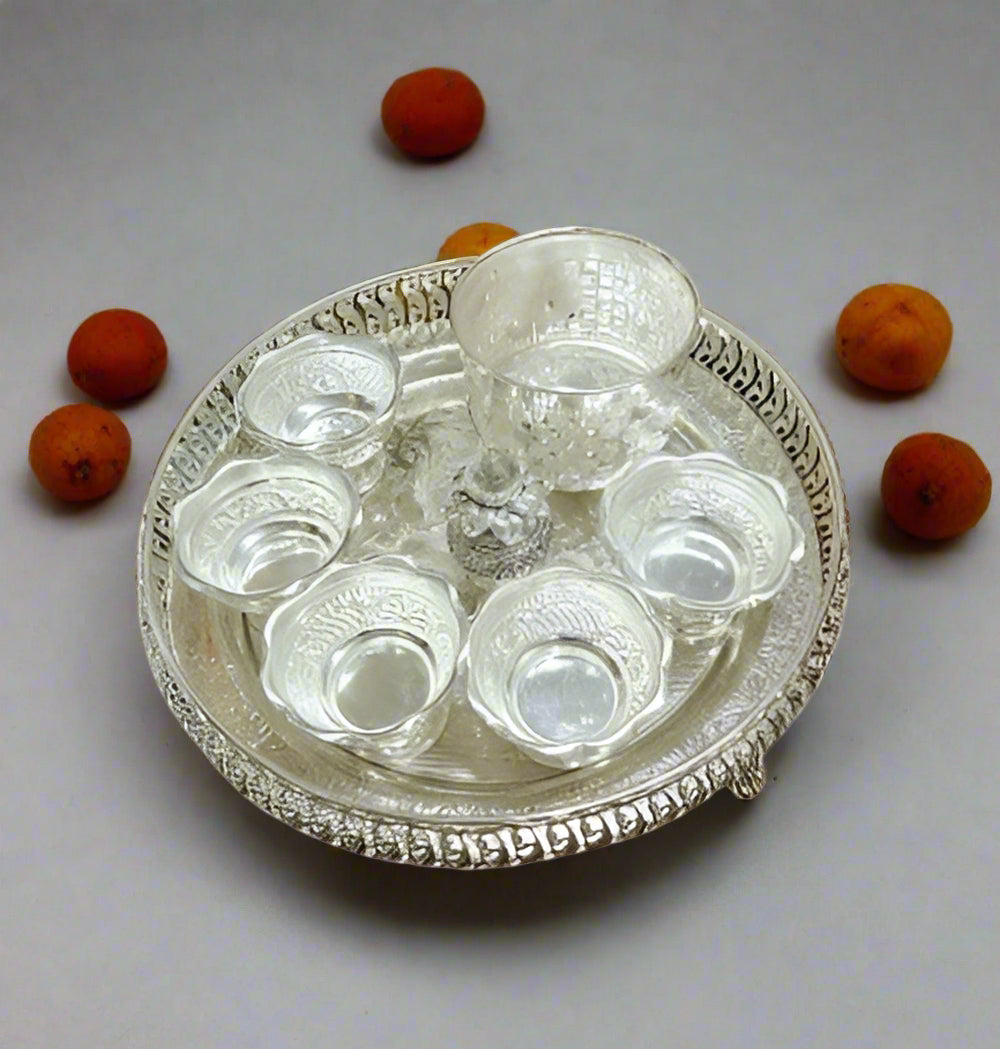German silver tray with kalasha  bowls with prasadam bowl