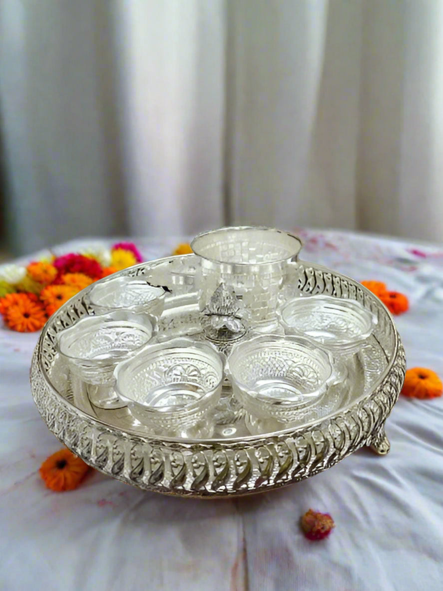 German silver tray with kalasha  bowls with prasadam bowl