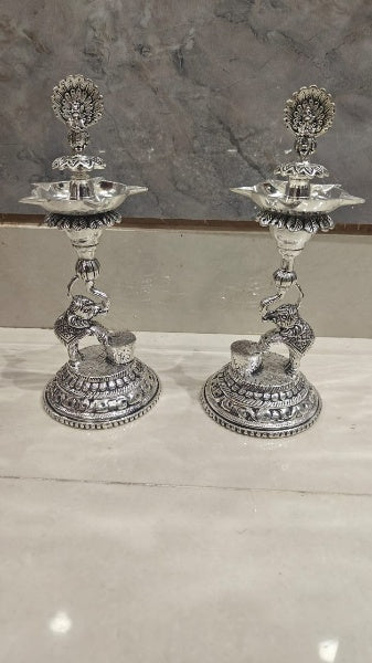 Silver Plated peaccok Diya with Elephants Set for Diwali/Housewarming/Home décor