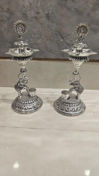 silver plated peacock Diya with elephants set