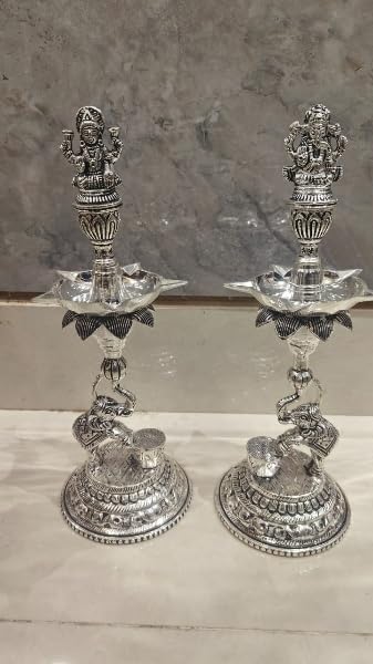 Silver Plated Lakshmi Ganesh Diya with Elephants Set for Diwali/Housewarming/Home décor